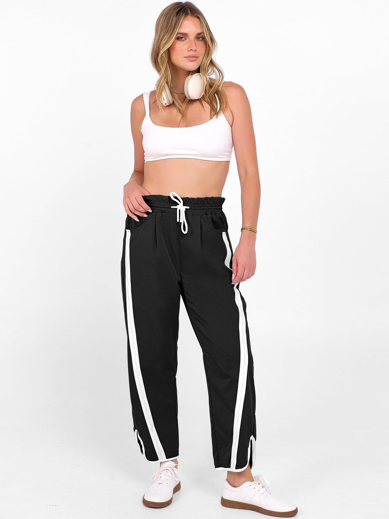 ANRABESS Women Track Pants Casual Drawstring Waist Lightweight Baggy Contrast Color Workout Barrel Leg Pants with Pockets Black Medium