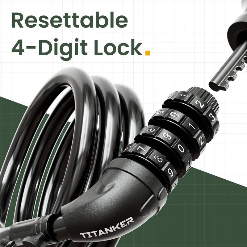 Titanker Bike Lock, Bicycle Lock 4 Feet Cable Lock 1/2 Inch Resettable Bike Locks Combination with Mounting Bracket, Bike Accessories for Bicycle, Electric Scooter, Motorcycle, Black