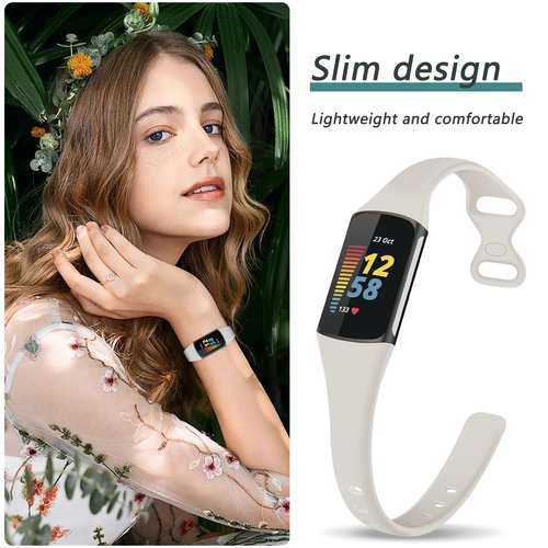 TopPerfekt Slim Bands Compatible with Fitbit Charge 6 Women Men, Adjustable Soft Silicone Sport Replacement Watch Band Straps Wristbands Bracelet for Charge 5 (3-Deep purple/Steel blue/Off-white)