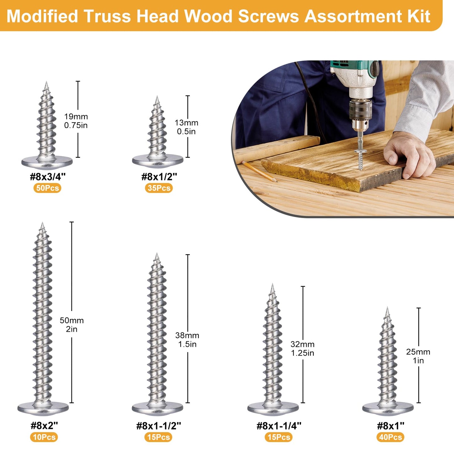 VGBUY 165Pcs #8 Modified Truss Head Wood Screws Assortment Kit, Stainless Steel 410 Quick Metal Self Tapping Screws, 6 Sizes (1/2", 3/4", 1", 1-1/4", 1-1/2", 2")
