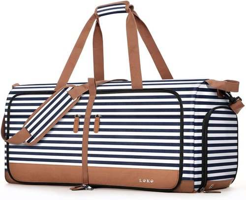 Lekesky Foldable Travel Duffle Bag - 80L Large Capacity with Shoe Compartment & Straps | Blue Stripes