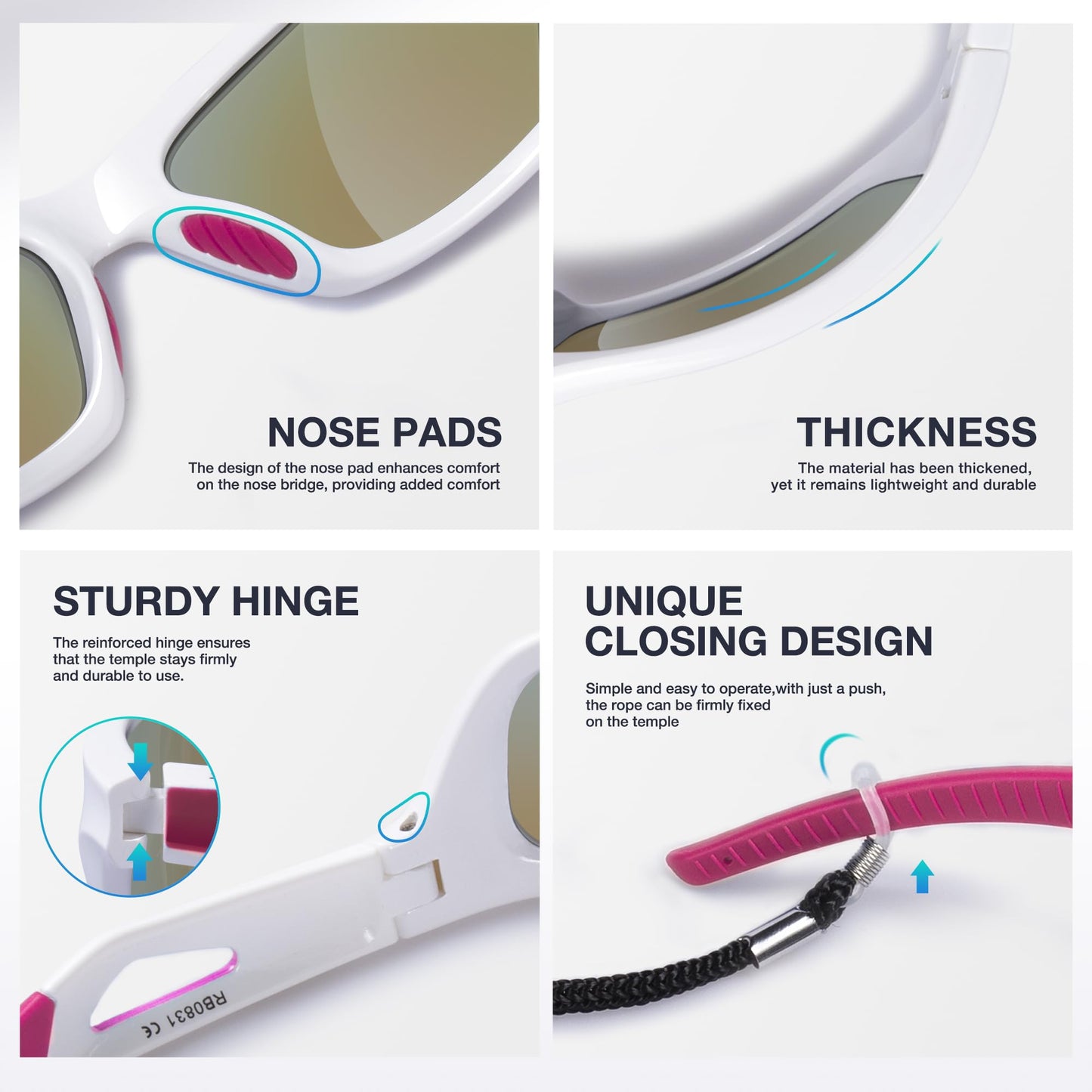 RIVBOS Polarized Sports Sunglasses Driving Sun Glasses Shades for Men Women Tr90 Frame for Cycling Fishing Running RB831 White Frame/Pink Lens