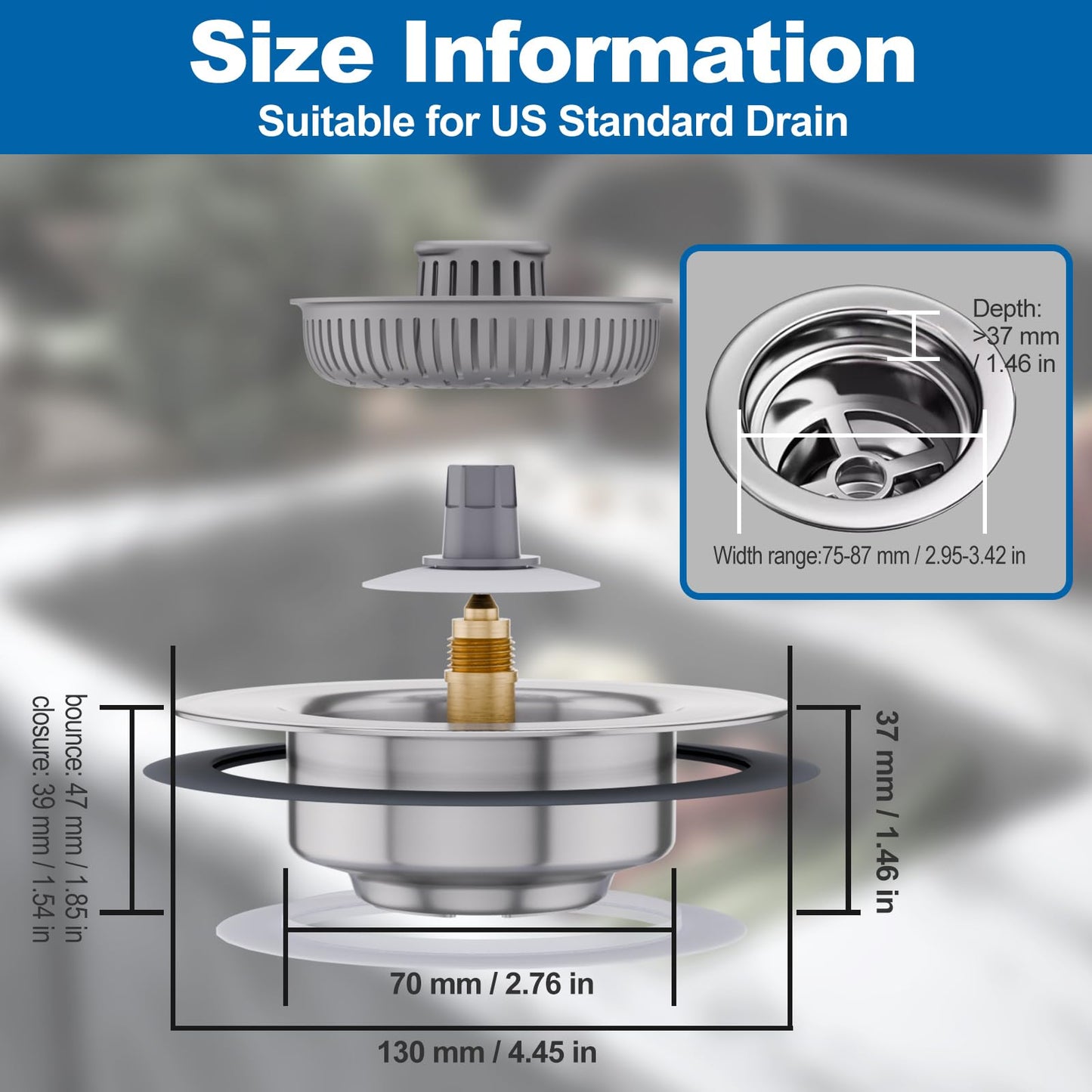 Auspok 3 in 1 Universal Kitchen Sink Drain Strainer Stopper–304 Stainless Steel & Silicone Anti-Clog Basket,3-Layer Leak-Proof Ring for 3.5”US Standard Drains,Easy-Clean,Odor Isolation,No Installation