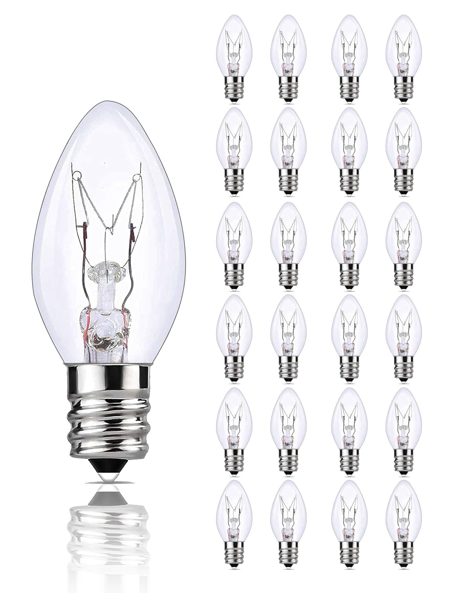 25 Pack C7 Clear Replacement Light Bulbs, E12 Candelabra Base 5W Warm White Incandescent Bulbs for Indoor Outdoor Christmas String Lights, Night Lights, Christmas Village Houses, Window Candles Decor