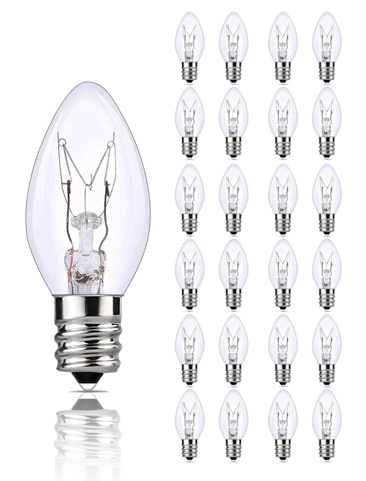 25 Pack C7 Clear Replacement Light Bulbs, E12 Candelabra Base 5W Warm White Incandescent Bulbs for Indoor Outdoor Christmas String Lights, Night Lights, Christmas Village Houses, Window Candles Decor