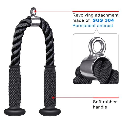 Kipika Tricep Rope 28 Inch, Rope Pull Down Attachment for Cable Machine, Heavy Duty Nylon Rope with Comfortable Soft Handle