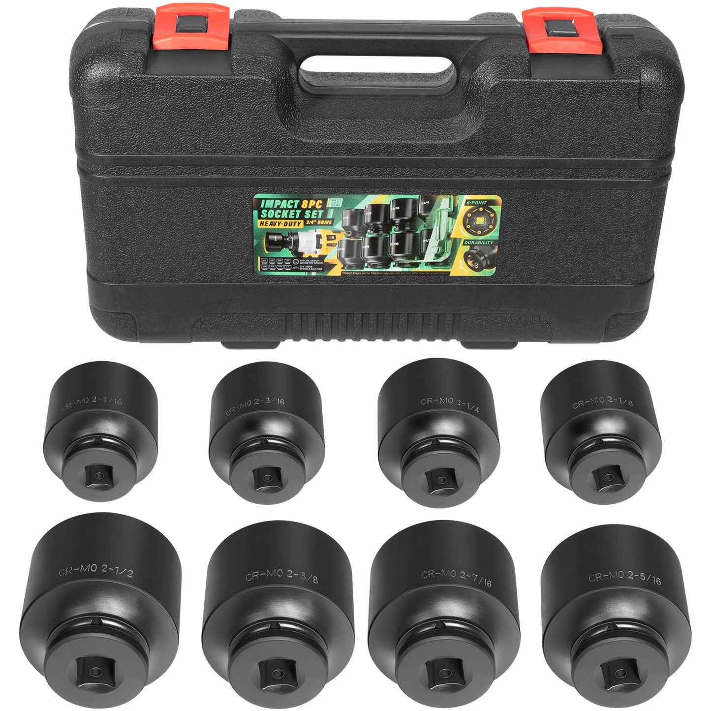 8PCS 3/4" Drive Spindle Axle Nut Impact Large Socket Set, 2-1/16" to 2-1/2", CR-MO Steel, 6-Point
