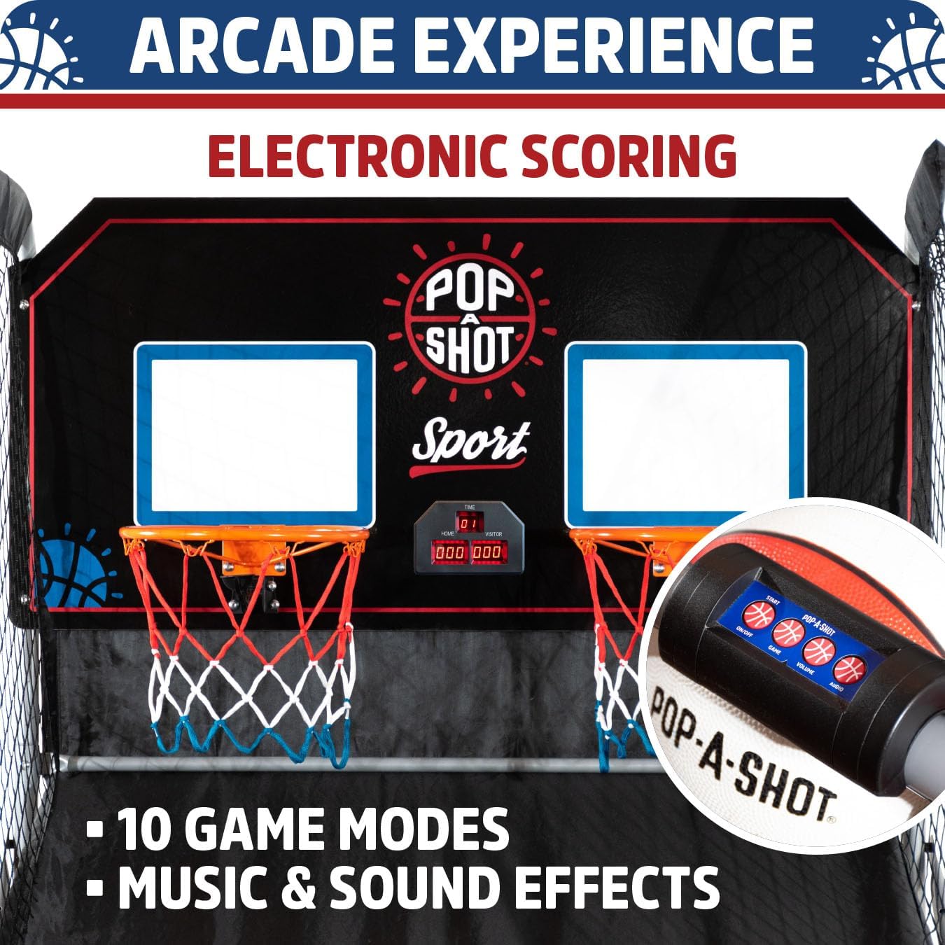 Pop-A-Shot Dual Shot Sport - Arcade Basketball Game with 10 Game Modes & 4 Balls | Foldable Design for Easy Storage
