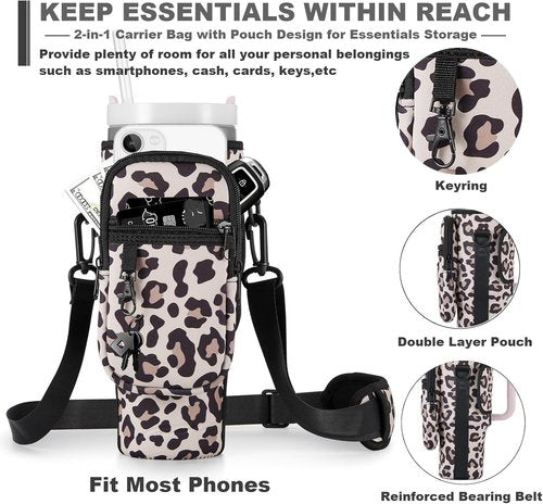 BULKITEM Water Bottle Carrier Bag - Insulated Neoprene Holder with Phone Pocket for Stanley 40 & 30 oz Tumbler - Pink