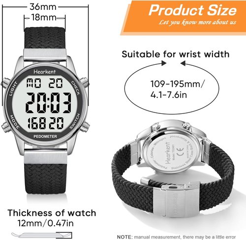Hearkent Pedometer Watch for Women - Waterproof Step Counter with EL Backlight | Countdown & Stopwatch