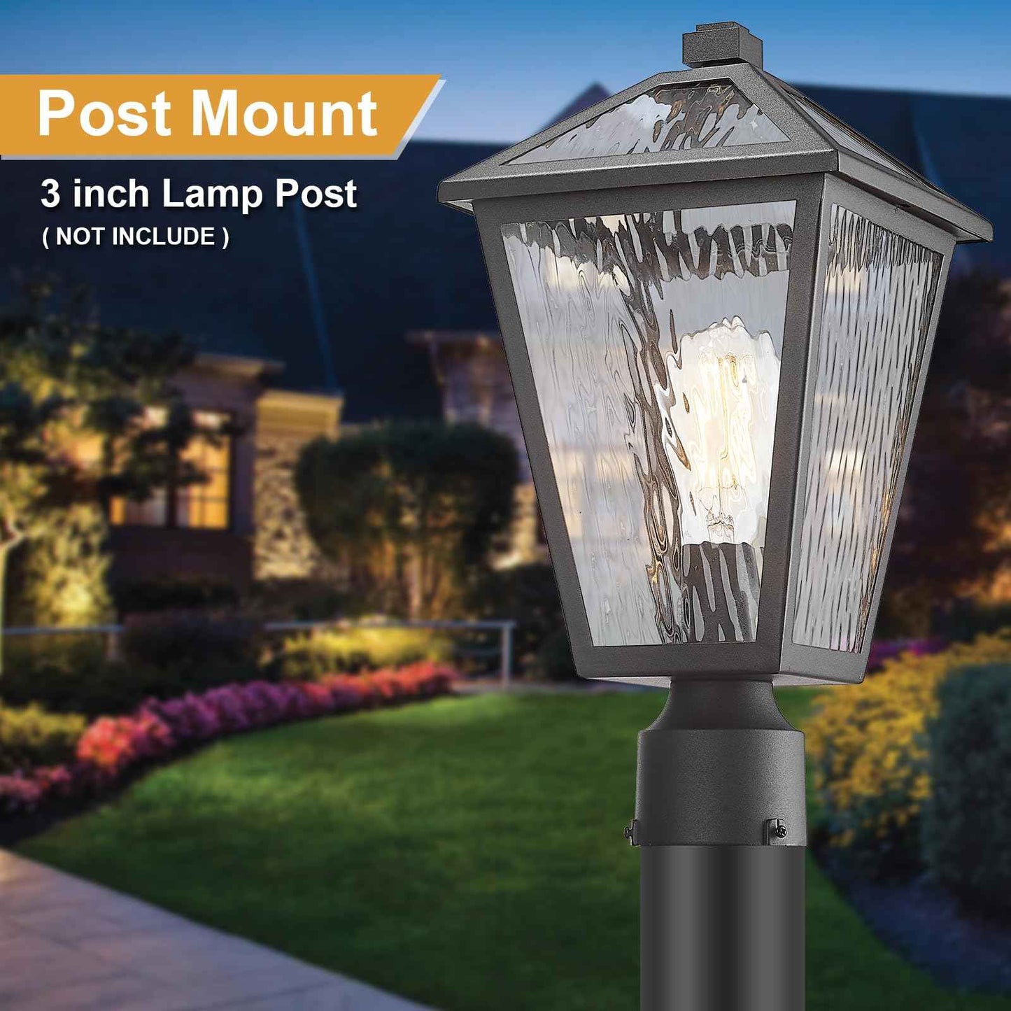 Luminzone Outdoor Post Lights with Water Ripple Glass, Modern Waterproof and Anti-Rust Aluminum Pillar Outside Lighting for Garden, Driveway, Patio, Porch, Garage, Black, Medium