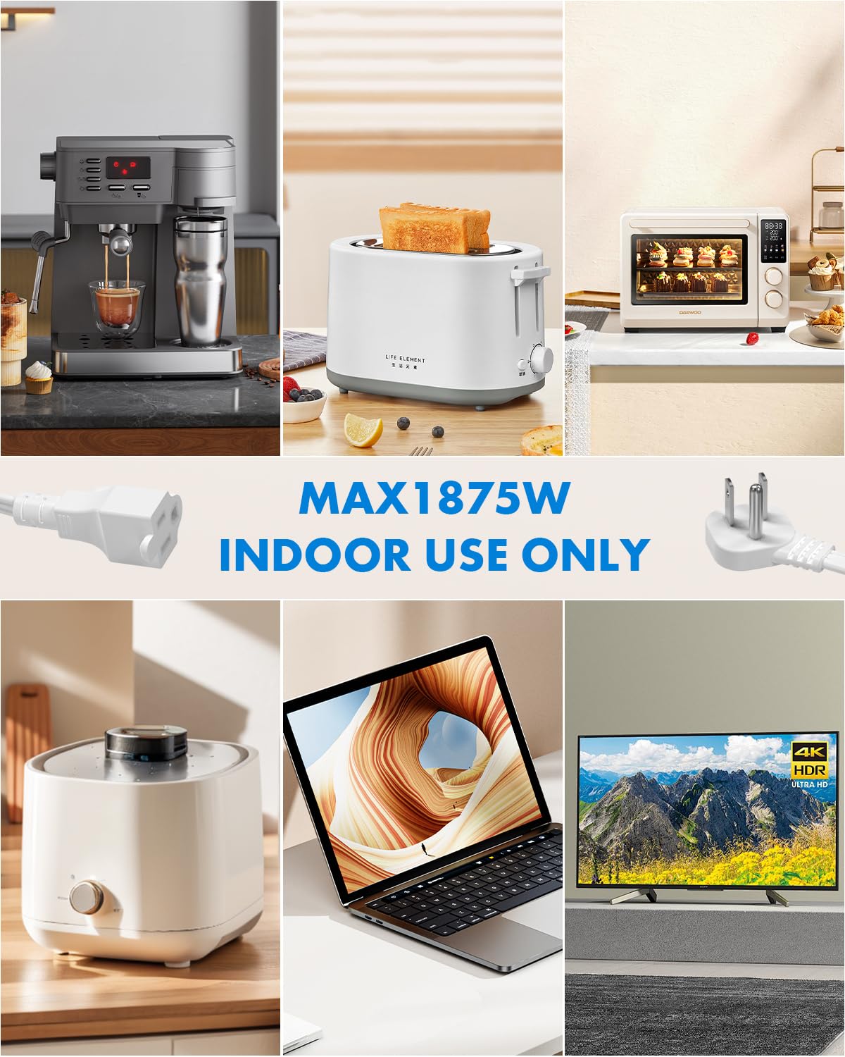 Flat Plug Short Extension Cord 1Ft White Low Profile Adapter 3 Prong Indoor Small Grounded Power Cable Outlet Saver 16AWG 13A 1625W 2 Pack