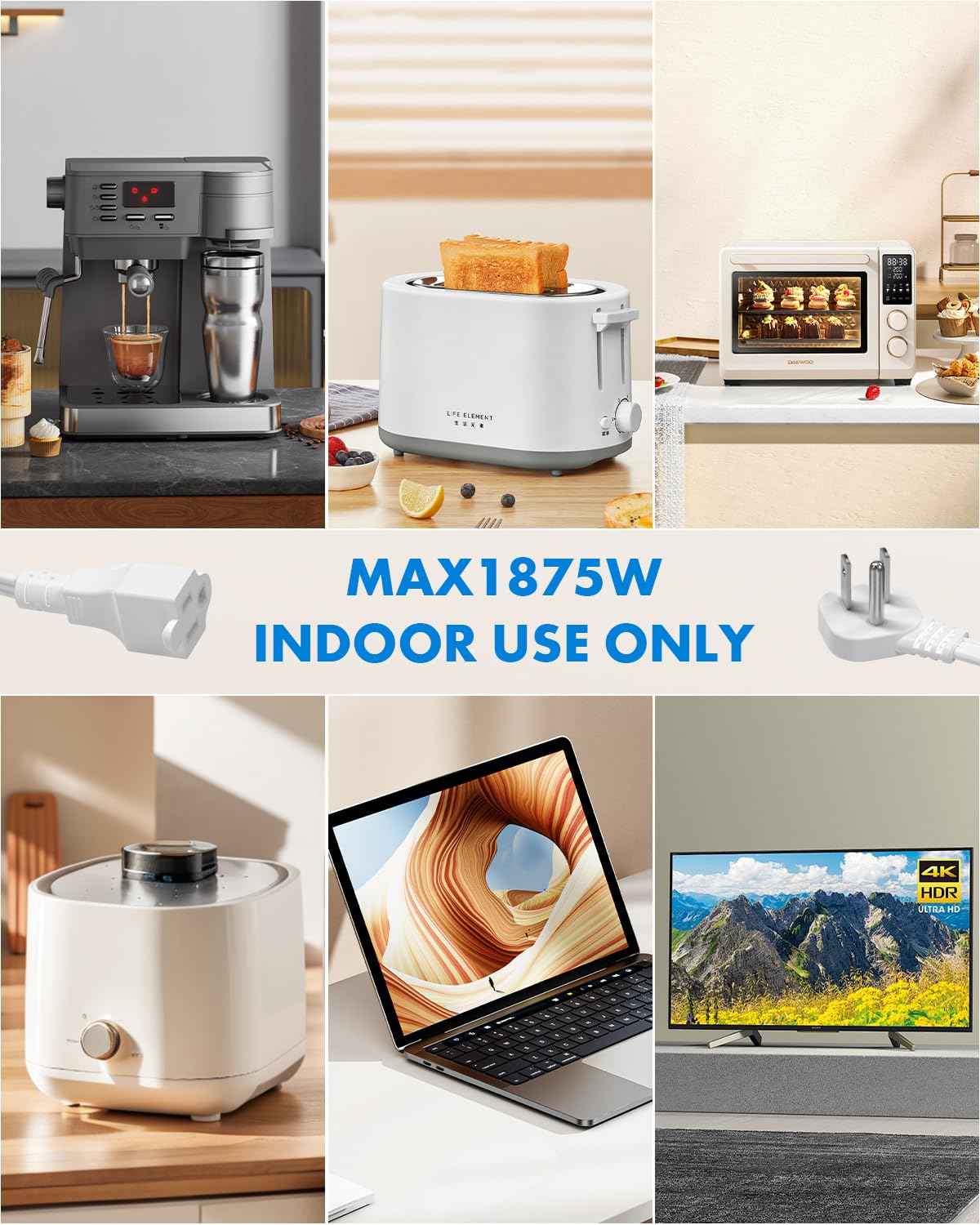 Flat Plug Short Extension Cord 1Ft White Low Profile Adapter 3 Prong Indoor Small Grounded Power Cable Outlet Saver 16AWG 13A 1625W 6 Pack