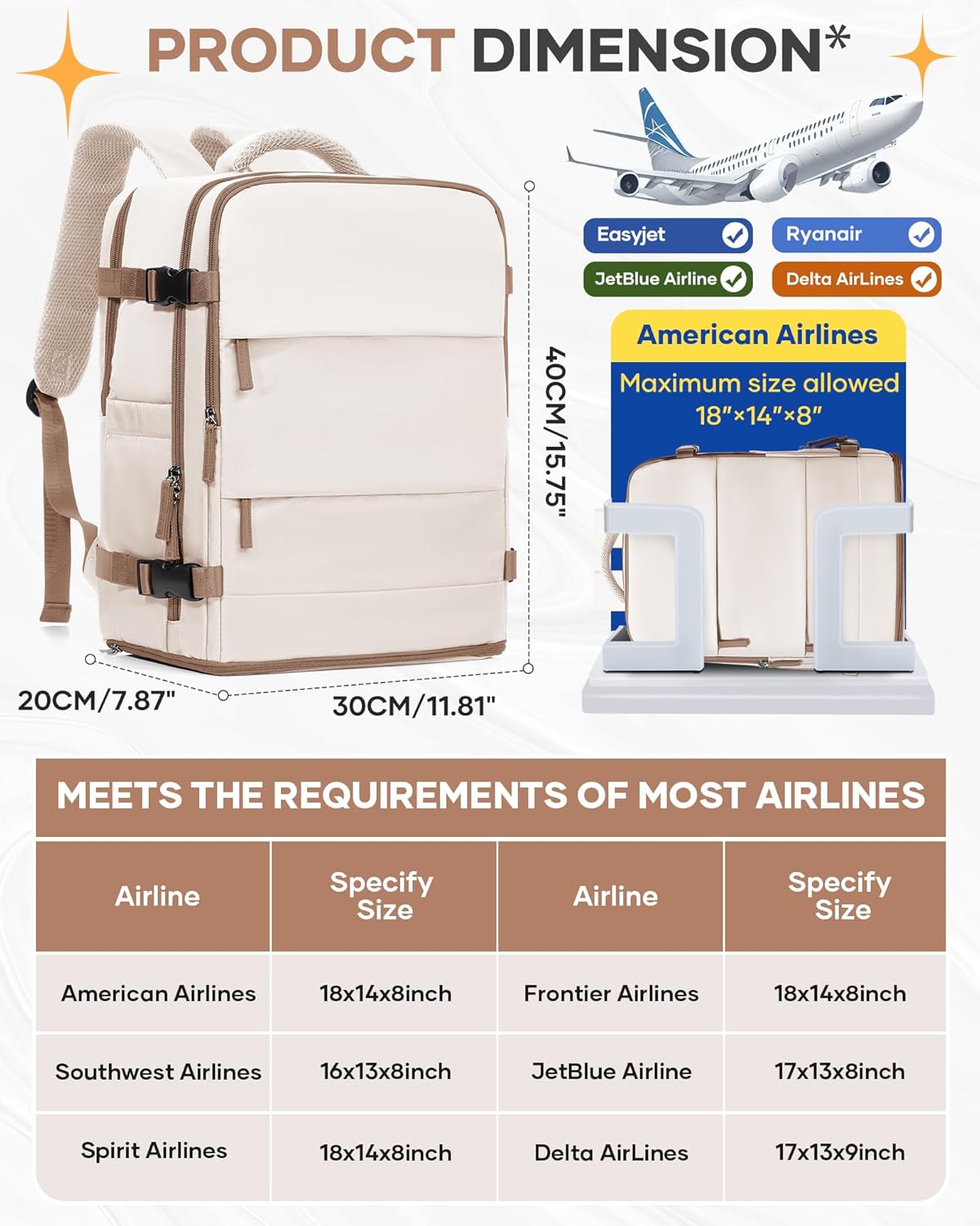 Skiennix Travel Backpack - Flight Approved Personal Item Bag | Large Beige & Brown Design for Men & Women