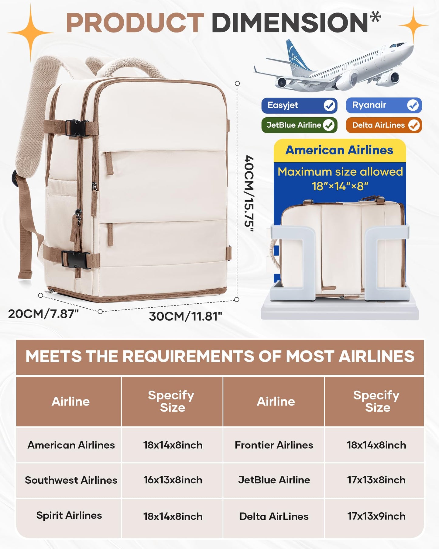 coofay Travel Backpack Carry on Flight Approved Mochila De Viaje Personal Item Backpack for Airlines Frontier Airlines Personal Item Bag Large Backpack for Travel Backpacks for Men Women Beige
