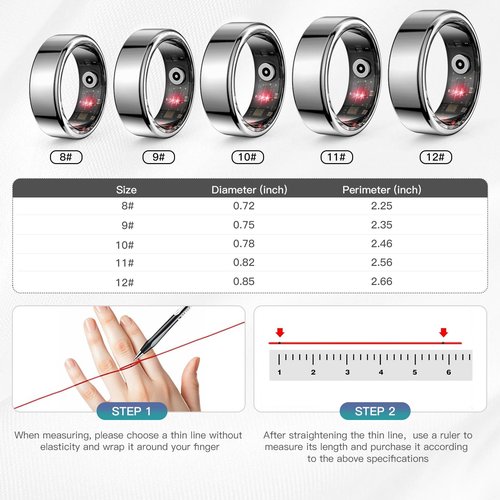 Kuxlagz Titanium Alloy Smart Ring - Heart Rate, Blood Oxygen, Sleep, Fitness Tracker - Exercise Wearable - Battery Life up to 15 Days - No Subscription fee - for iPhone and Android (Silver, 12#)