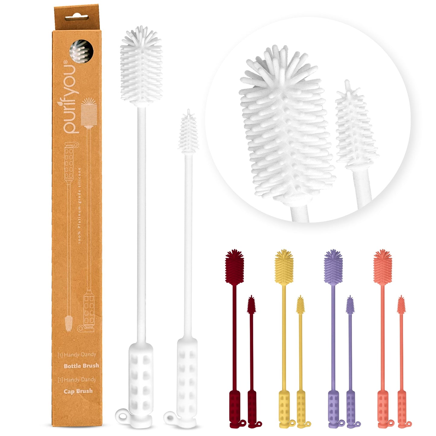 purifyou 16in & 12in Platinum Silicone Water Bottle Cleaner Brush Set with Cap Brushes, for Bottles, Tumblers, Drinking Glasses, Narrow Neck Containers, Dishwasher Safe, Durable (Set of 2, White)