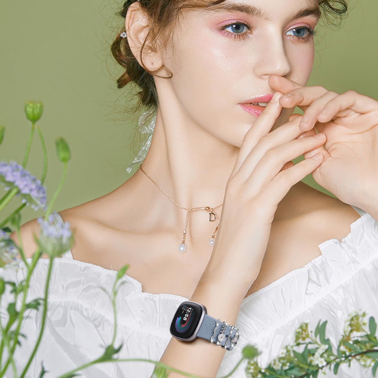 Floral Engraved Bands Compatible with Fitbit Versa 4/Versa 3/Sense 2/Sense Band with Charms, Soft Silicone Sport Fancy Replacement Wristbands Strap with Cute Decorative Rings Accessories for Women
