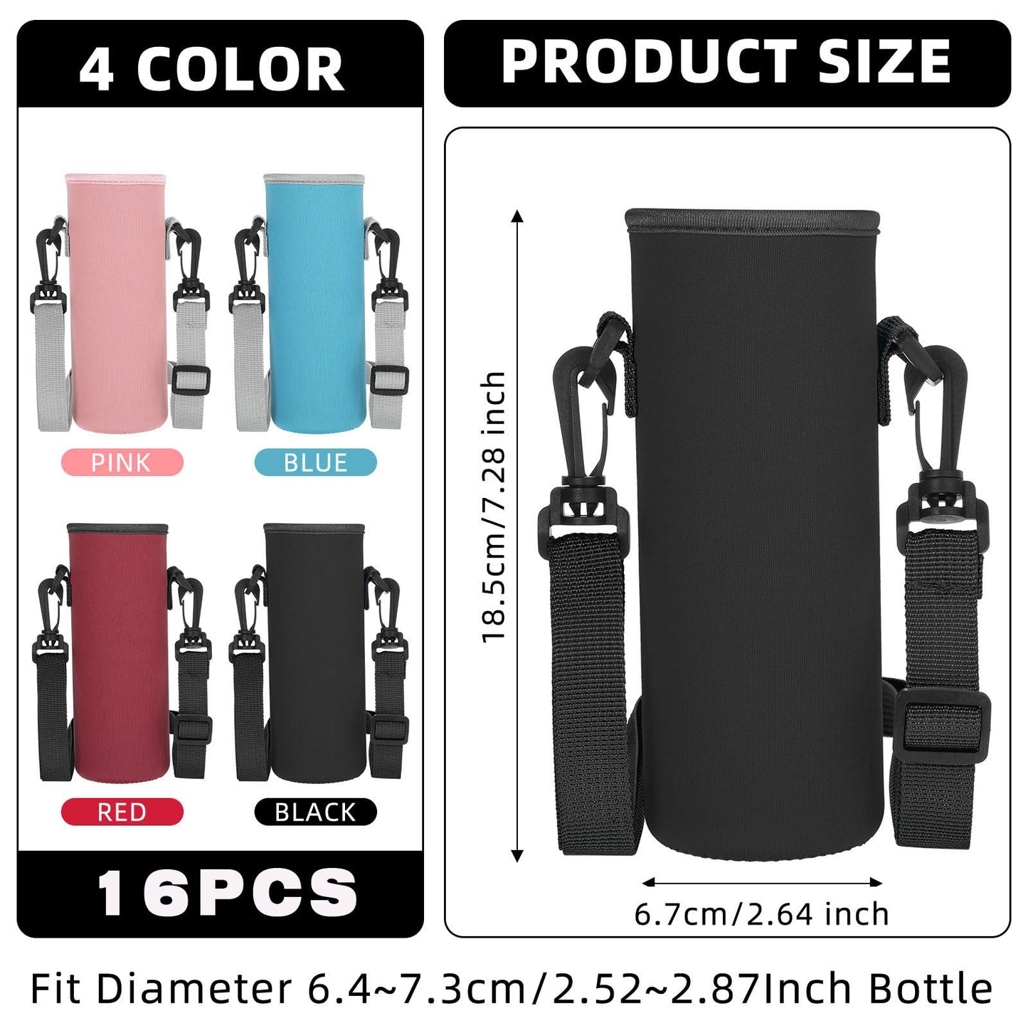 Zhehao 16 Pcs Neoprene Water Bottle Sleeve with Shoulder Strap Water Bottle Holder 32 oz Water Bottle Carrier Insulated Water Bottle Pouch Adjustable Water Bottle Sling Bag for Boys Girls (Multicolor)