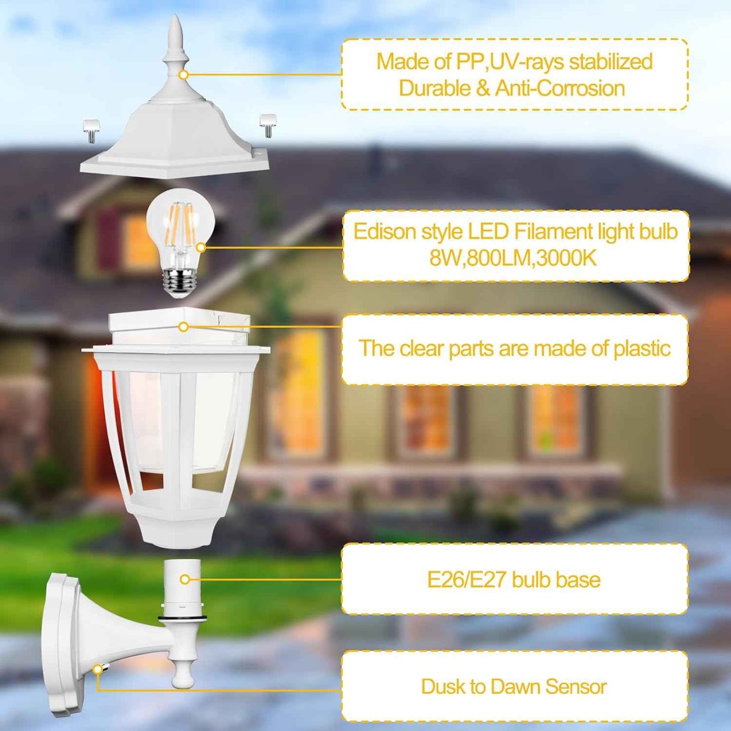Outdoor Wall Light with Dusk to Dawn Sensor - 2-Pack LED Lanterns for Porch & Garage
