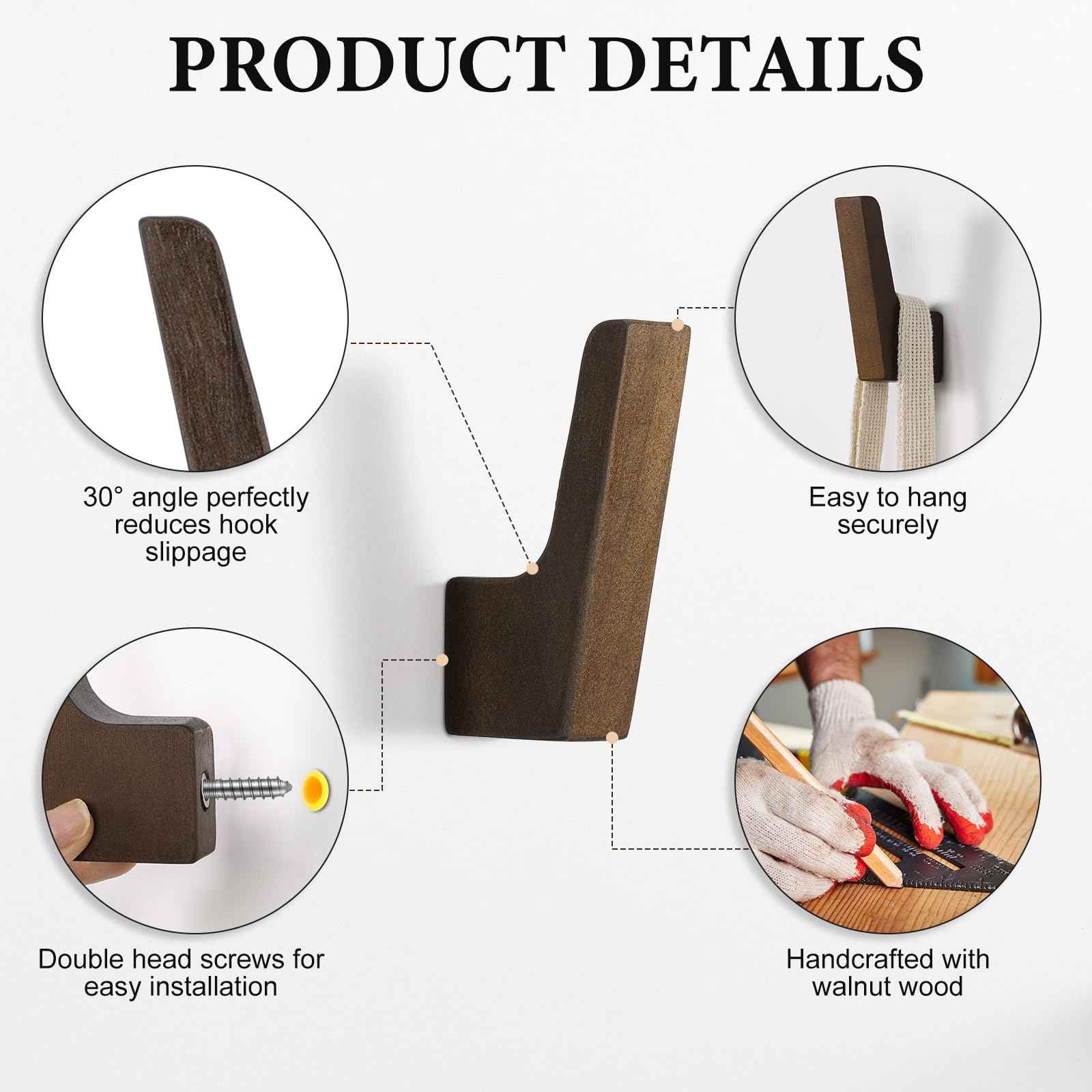 Leinuosen 6 Pack Wood Wall Hooks Walnut Coat Hooks Wall Mounted Bathroom Bedroom Kitchen for Hanging Hat Backpack Bag Jacket Modern Farmhouse Decor for Practical Entryway