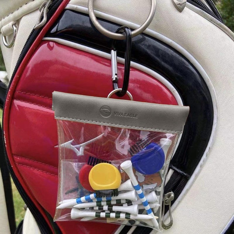 VIVA EAGLE Golf Tee Pouch Bag Organizer with Clip, Transparent Squeeze Top Pocket for Golf Accessory and Valuable | 15 Bamboo Tees Included