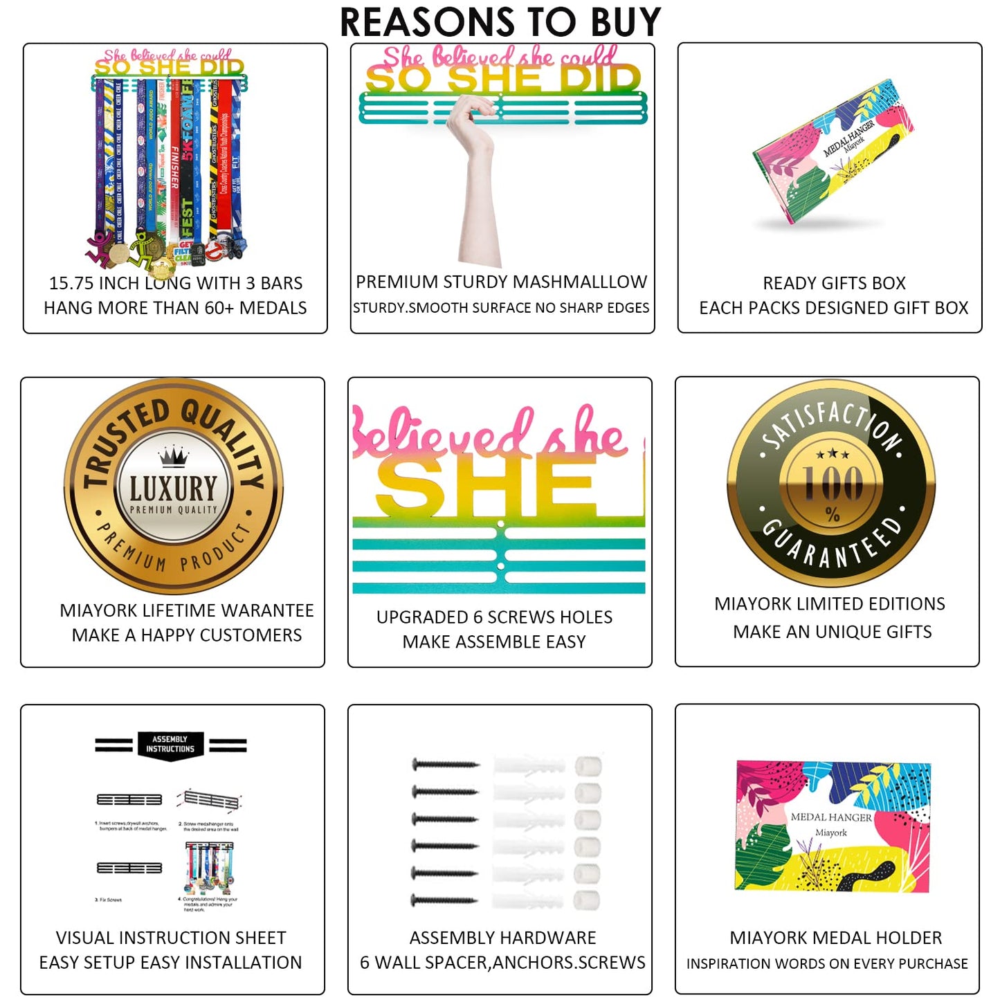 Miayork Medal Holder Display Hanger Rack She Believed she Could SO SHE DID Medal Hanger Display -Wall Mount Easy to Install Runner Medal Hanger Display