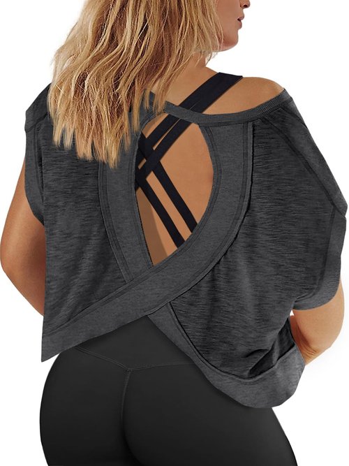 Fisoew Womens Plus Size Open Back Workout Tops Backless Short Sleeve Athletic Shirt Running Crop Top Gym Yoga T-Shirt Dark Grey