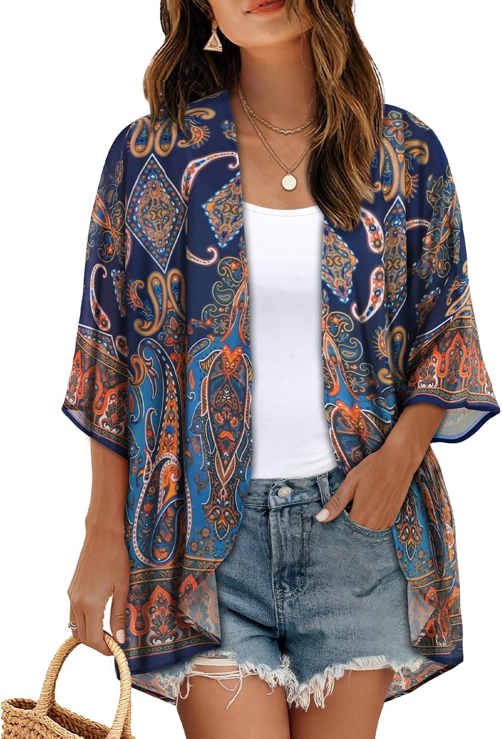 Skiennix Women's Floral Print Kimono Cardigan - Puff Sleeve Casual Cover-Up Top