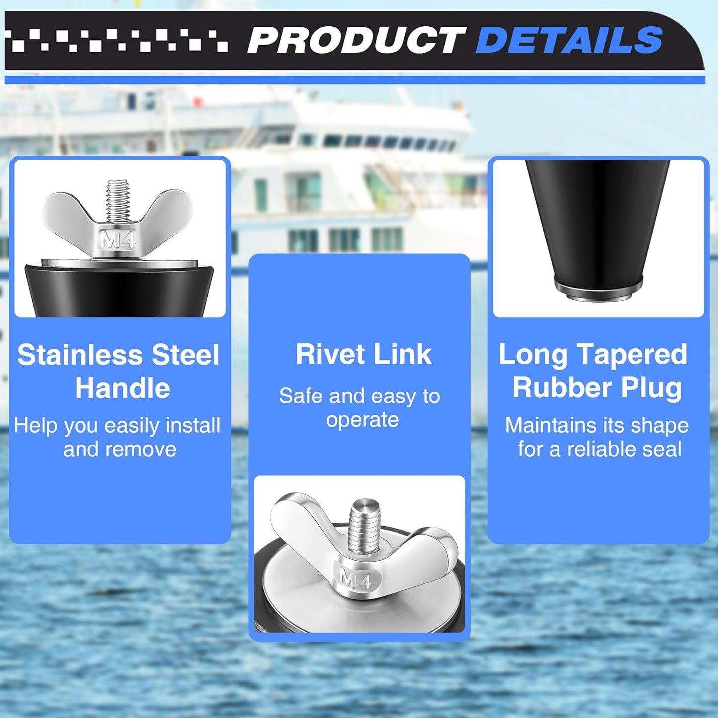 Rubber Winter Boat Drain Plug - 2 Pcs Long Tapered Stoppers with Stainless Steel Head | Fits 1/2 to 1 Inch Holes