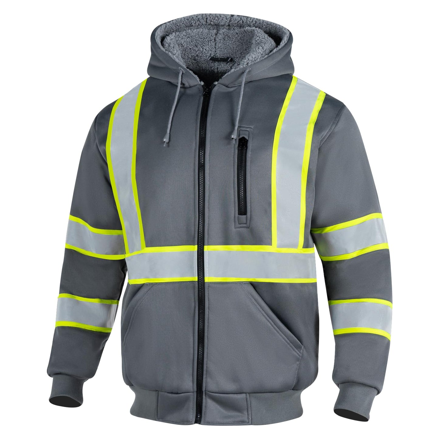 VENDACE Men's ANSI Class 3 High Vis Safety Reflective Sweatshirt Wool Fleece Zipper Jacket Hoodie (Grey,M)