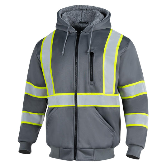 VENDACE Men's ANSI Class 3 High Vis Safety Reflective Sweatshirt Wool Fleece Zipper Jacket Hoodie (Grey,M)
