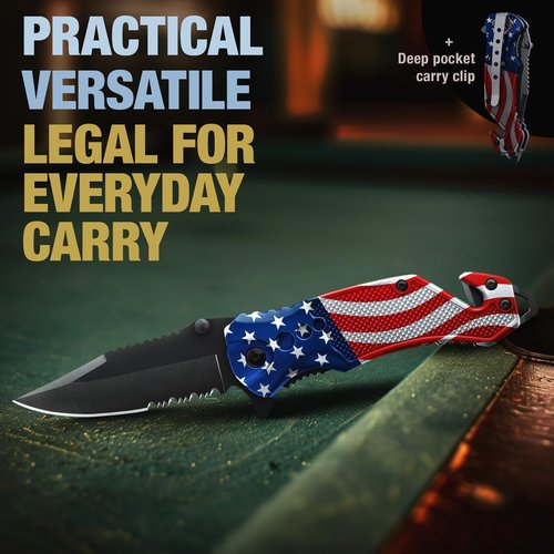 Good Worker Legal Pocket Knife - 2.95” Serrated Blade, Glass Breaker & Seat Belt Cutter | EDC Folding Tool for Camping & Hiking