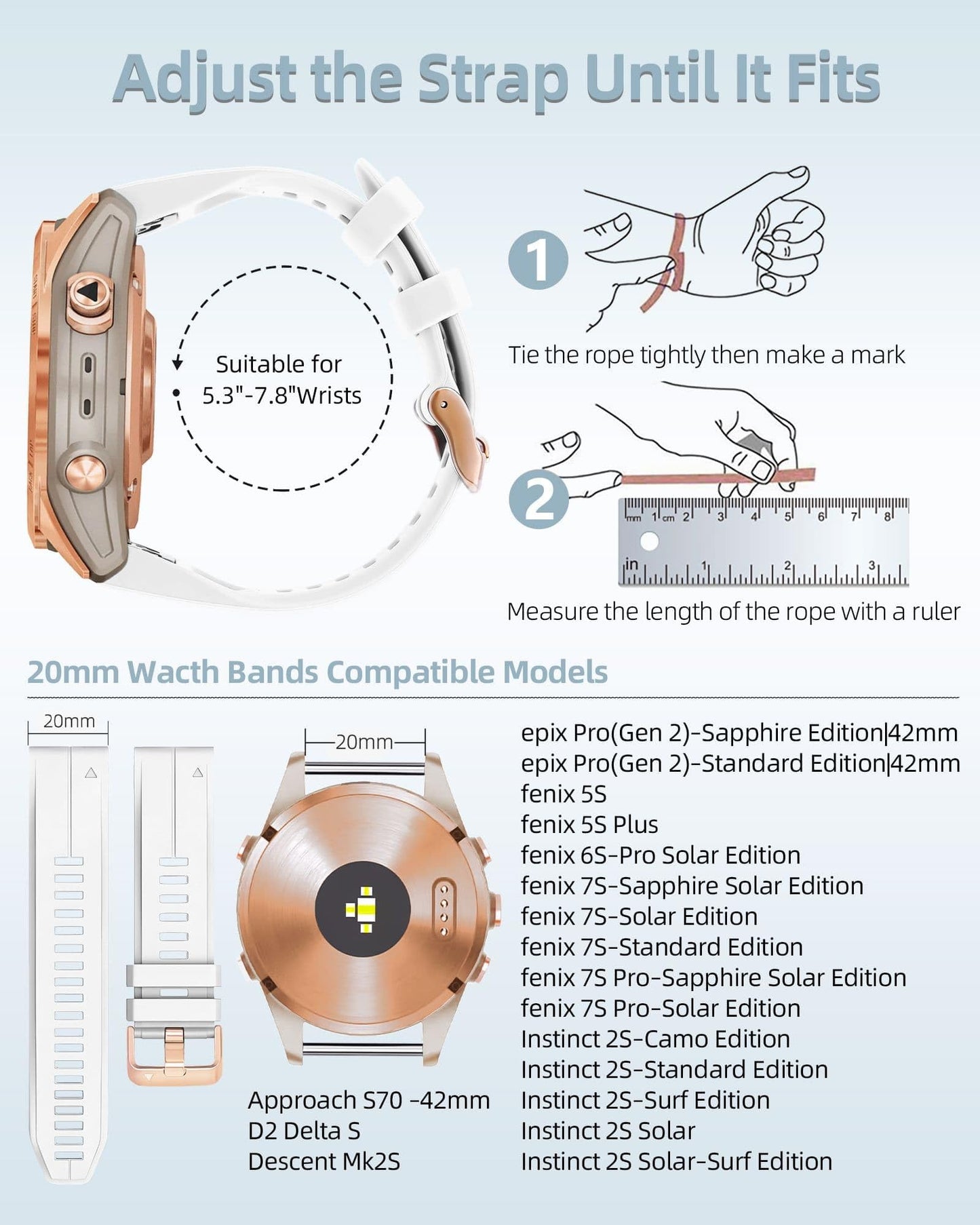 OUTVI 20mm Watch Band for Garmin fenix 6s 5s 7s pro epix pro gen 2 42mm Descent Mk2s Mk3 Mk3i soft silicone quick fit 20 bands with Rose Gold buckle for women Blue