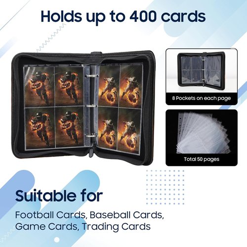 Football Card Binder - 4 Pocket Trading Card Album with 400 Pockets & 50 Removable Sleeves | Portable Collectible Holder for Kids