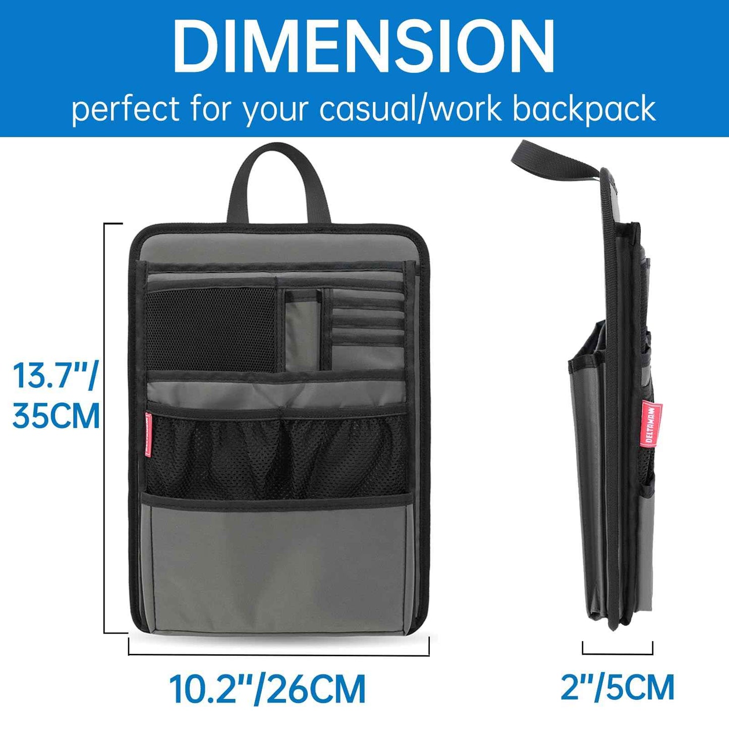 DELTAMANN Slim Rugged Backpack Organizer Insert for Business Casual Men Women -13 Pockets,Padded Nylon,Max 14'' laptop - Navy