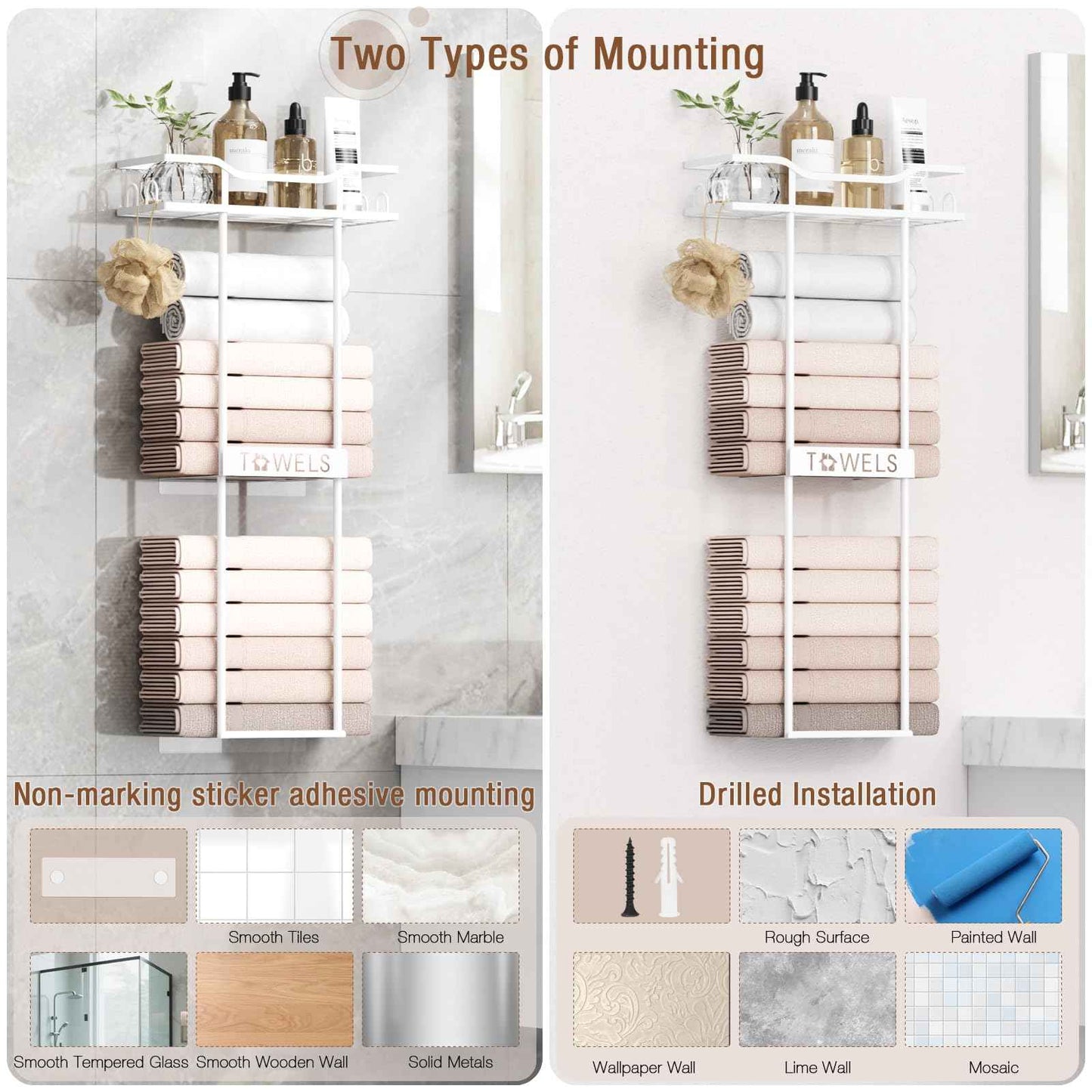 Aetyord Towel Racks for Bathroom Wall Mounted Towel Storage Organizer Wall Towel Rack for Rolled Towels（2 Tier White