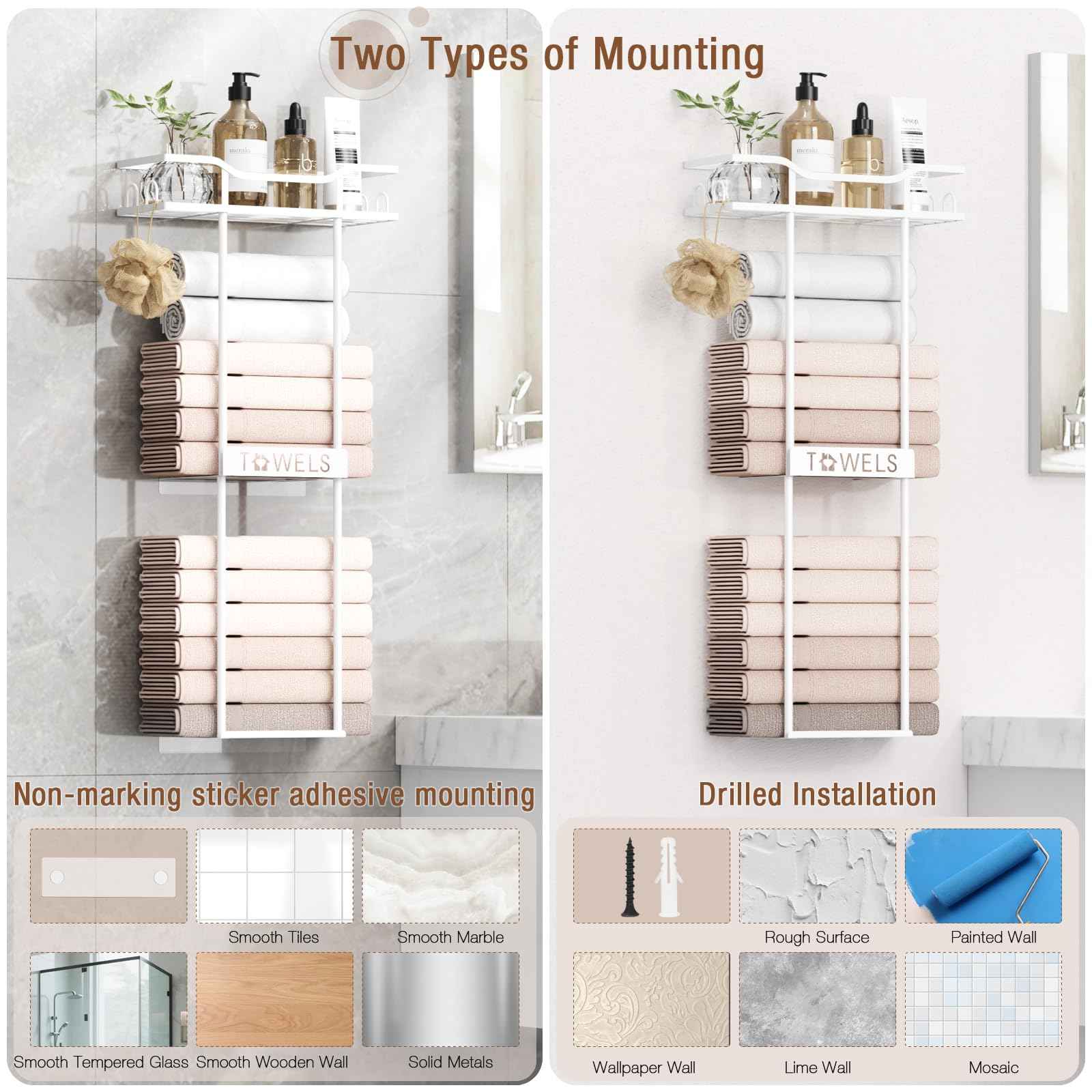 Aetyord Towel Racks for Bathroom Wall Mounted Towel Storage Organizer Wall Towel Rack for Rolled Towels（2 Tier White