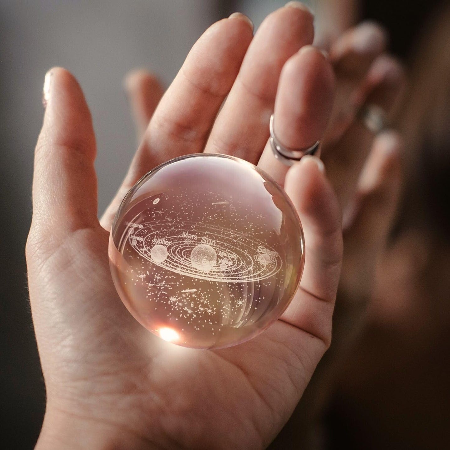 Flexzion 3D Solar System Crystal Ball Night Light - LED Light Hologram Glass Lamp with Solid Wood Base, USB Powered Crystal Ball Lamp w/Adjustable Brightness for Home Decor Display Gift,2.4inch(60mm)