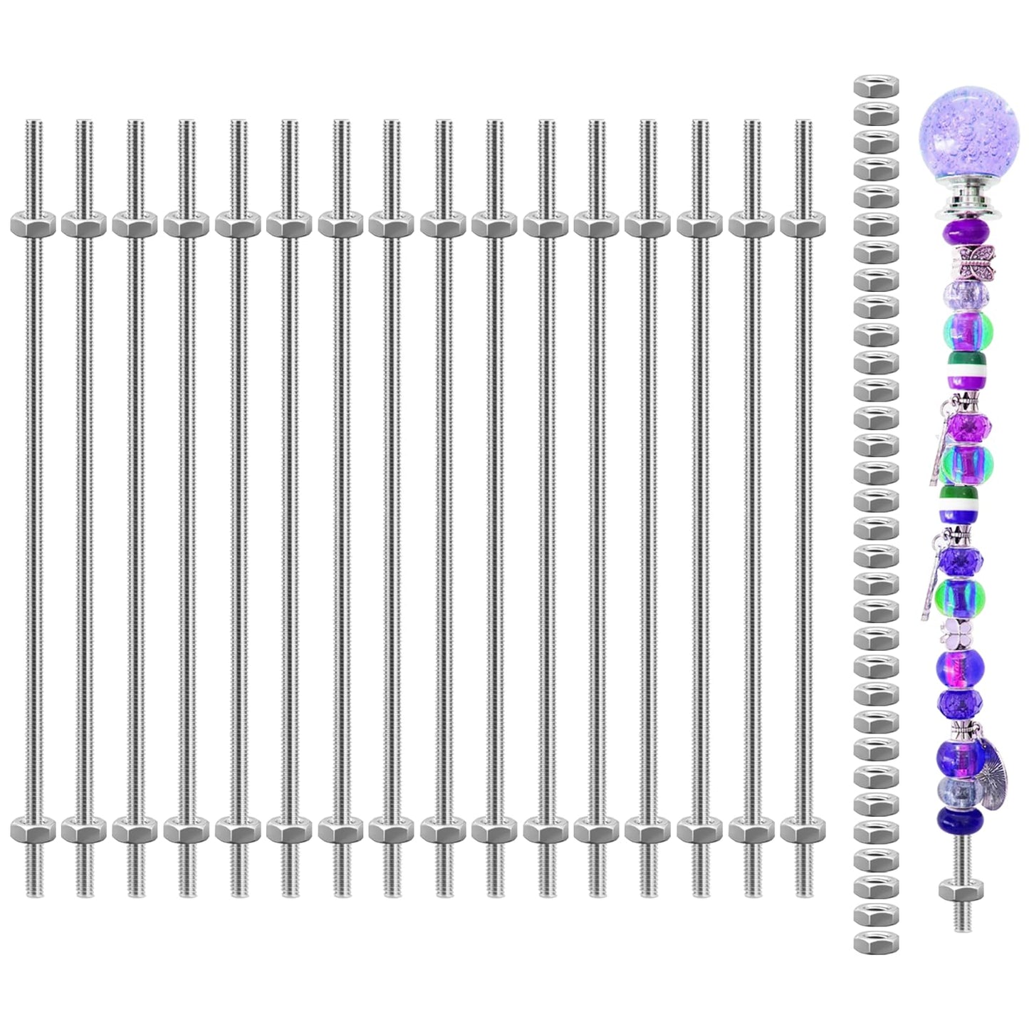 MingQiEven 48 Pack 8/32 Inch Stainless Steel M4 Threaded Rod with Hex Nuts Include 16 Pcs M4 Threads Studs Rods and 32 Pcs Fully Threaded Hex Nuts for Hangers and Beaded Garden Stake(8 Inch)