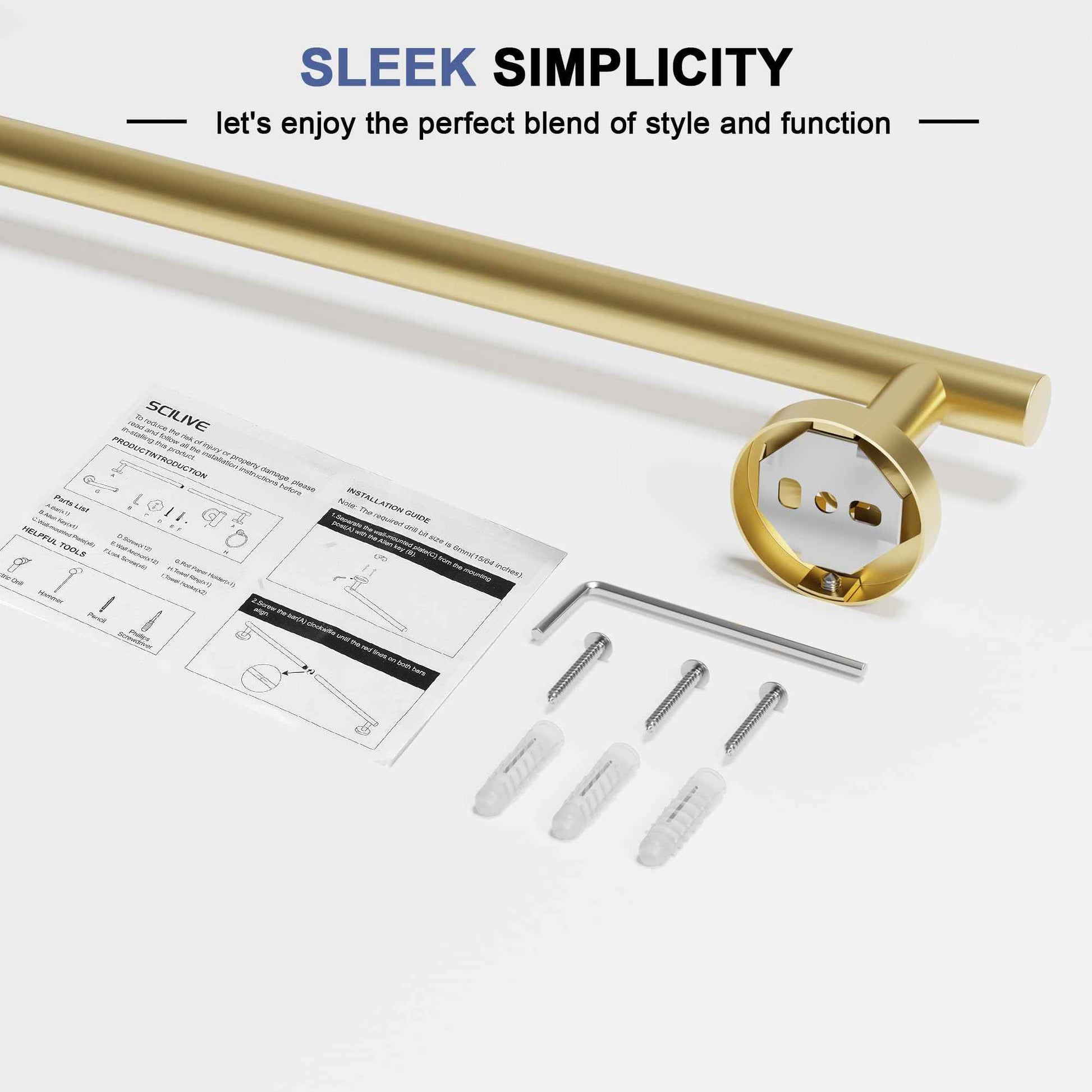 Brushed Gold Towel Bar, 18 Inch Towel Racks for Bathroom Wall Mounted, SUS304 Stainless Steel Bathroom Towel Holder, Total Length 20.4 Inch Towel Bars