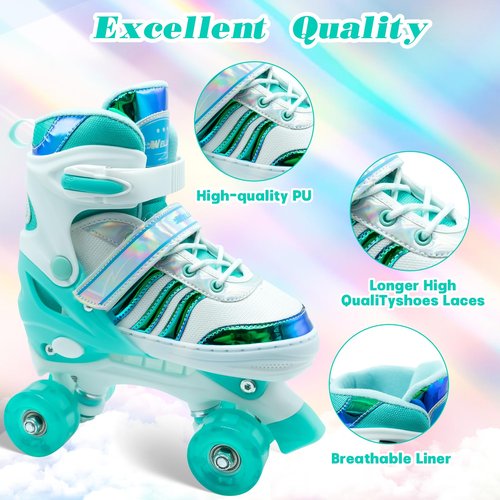 Roller Skates for Kids, Adjustable Quad Skates for Youth Teen Age 5-8 with Light Up Wheels, Children Beginners Rollerskates for Indoor Outdoor Spots