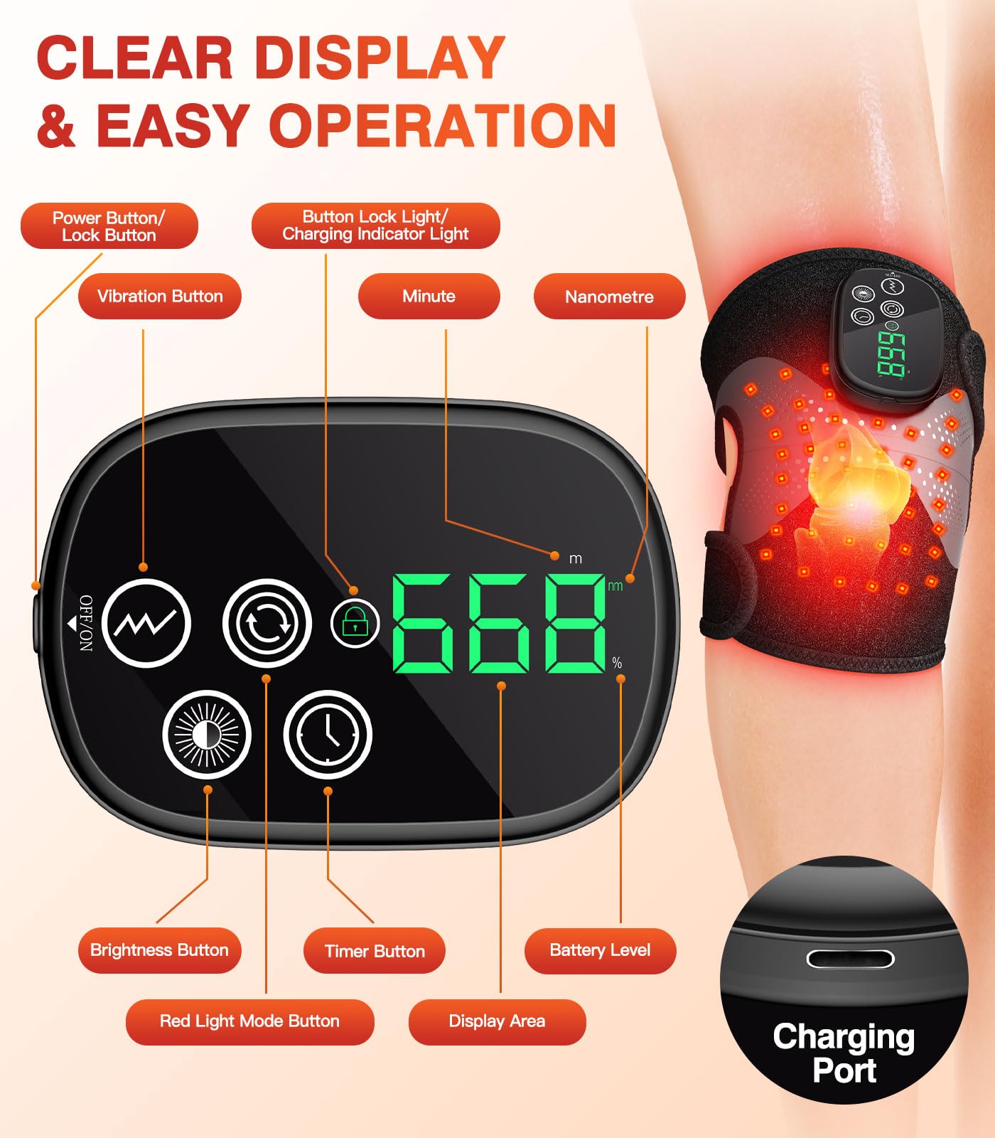 Lanieney Knee Massager with Heat and Red Light Therapy, Knee Brace with Vibration, 5000mah Wireless Cordless,660nm & 850nm Red Light Therapy Adjustable Knee Wrap for Knee/Elbow/Shoulder Pain Relief