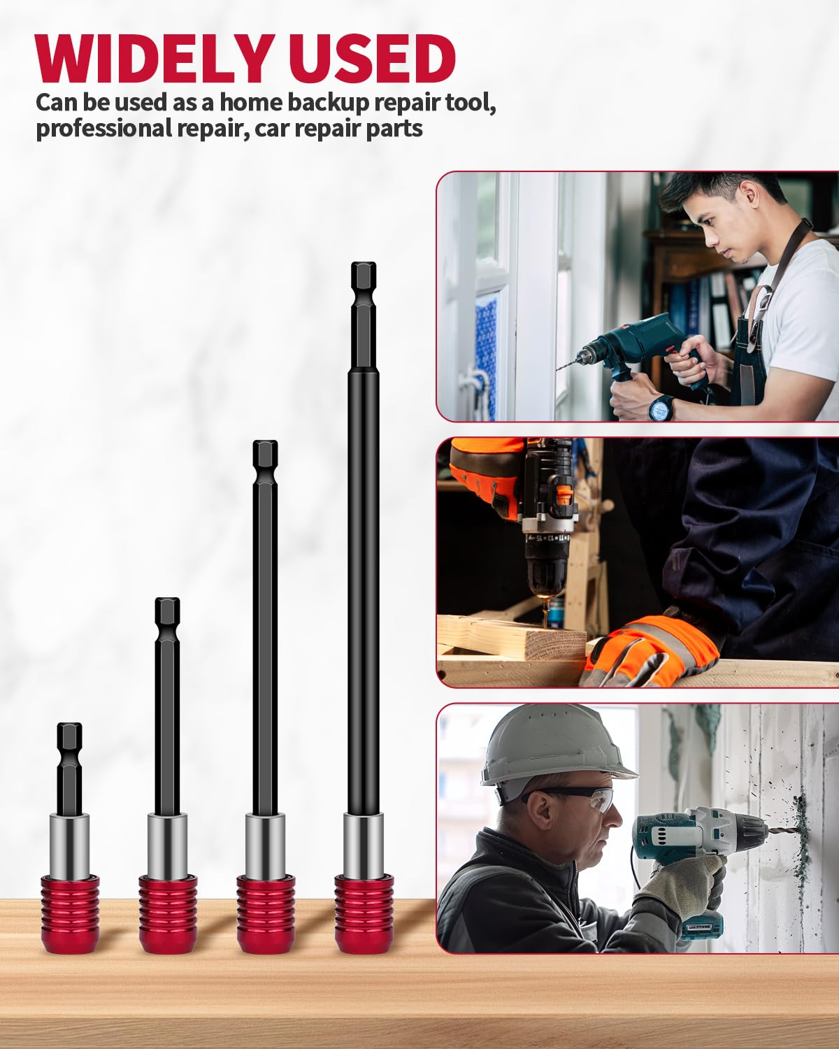 4 PCS Drill Bit Extension, 1/4" Hex Magnetic Drill Extension Bit Holder, Drill Extension for Impact Driver, 2", 4", 6", 12" Length, Durable Cr-V Steel, Perfect for Screws, Nuts and Drill Sockets