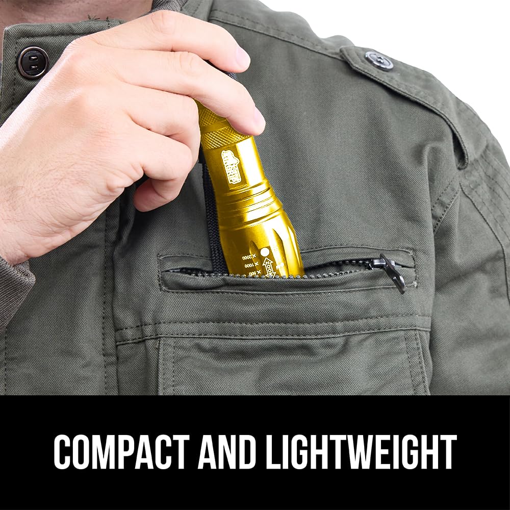 GORILLA GRIP Powerful LED Tactical Flashlight, 750 FT High Lumens 5 Adjustable Modes, Water Resistant, Ultra Bright Zoom Flashlights, Small Mini Flash Light, Camping, Night Dog Walking, Gold
