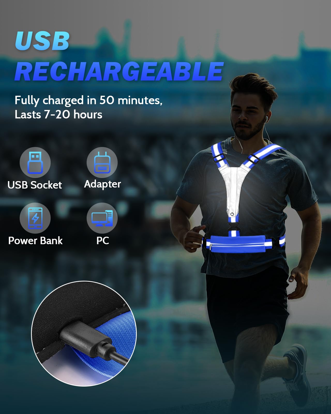 Fitense LED Reflective Vest, 5 Colors Light Up Running Vest Rechargeable Running Lights for Runners High Visibility Reflective Running Gear, Adjustable for Men and Women