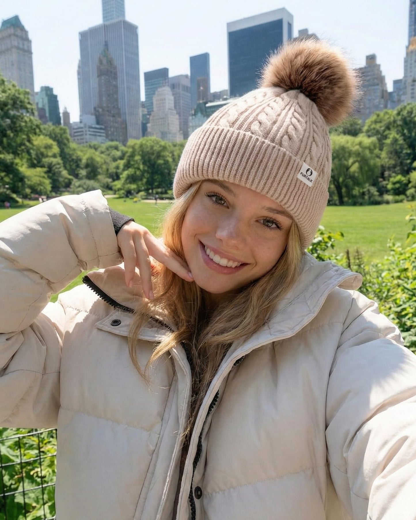 FURTALK Winter Hats for Women Fleece Lined Pom Pom Beanie Warm Knit Cap Light Khaki