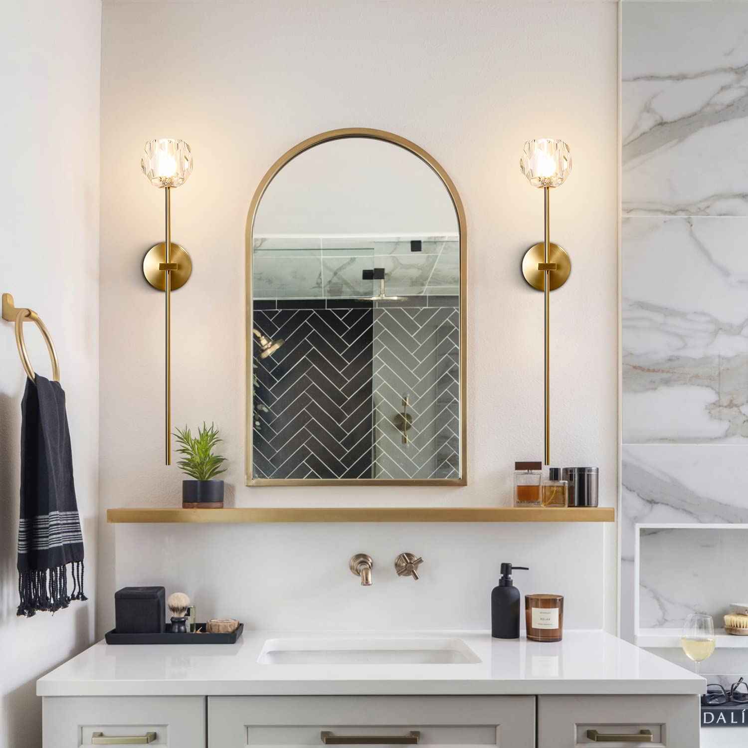 BOKT 1-Light Antique Brass Wall Sconce Lighting Fixture Modern Clear Crystal Ball Wall Sconce Lamp Brushed Gold Long Metal Wall Light Hardwired Bathroom Vanity Light Fixture