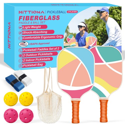 HITTIONA Pickleball Paddles Set of 2 - USAPA Approved Fiberglass Cute Pickleball Paddles Set for Women, Pink Pickleball Paddle with Anti-Slip Grip, 4 Pickleballs, Pickle Ball Paddle for Beginners