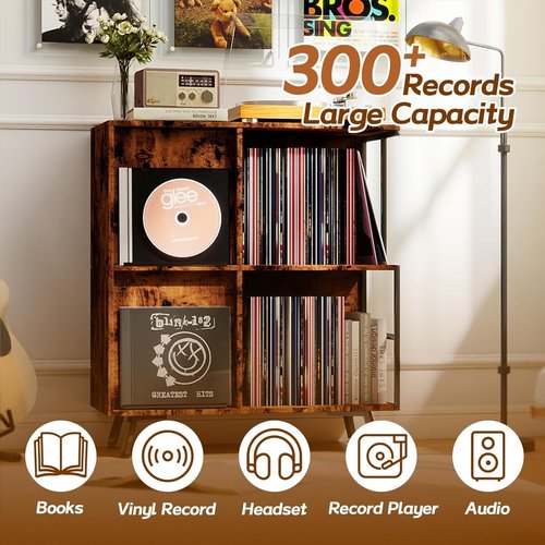 Faesun Vinyl Record Storage Stand - 3 Tier Flip Top Cabinet Holds 300+ Albums | Rustic Brown